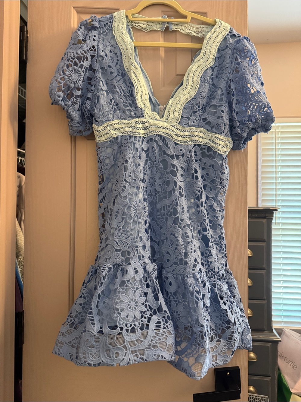 Half Heart NWOT Lace V-Neck Peplum dress Light Blue with Cream Trim
